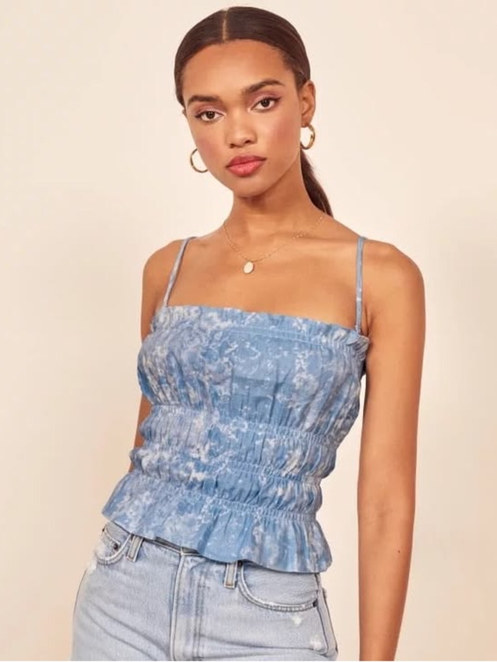 Reformation Gia Light Blue Cloud Wash Convertible Strap Linen Top in Shibori